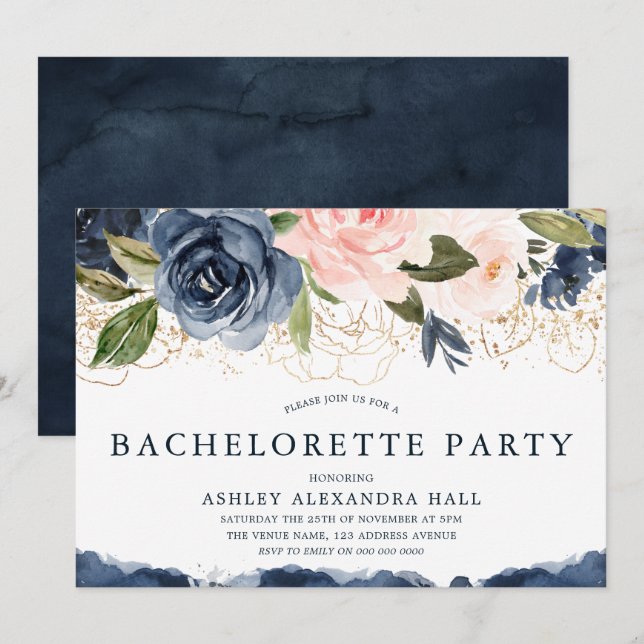 Elegant Navy Floral Gold Blush Bachelorette Party Invitation (Front/Back)