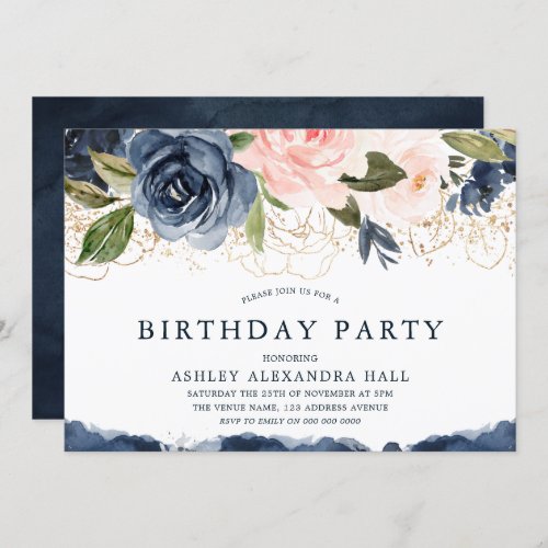 Elegant Navy Floral Gold Blush Birthday Party Invitation