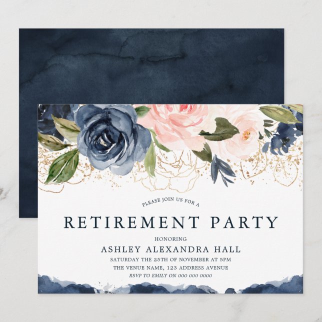 Elegant Navy Floral Gold Blush Retirement Party Invitation (Front/Back)