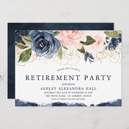 Elegant Navy Floral Gold Blush Retirement Party Invitation