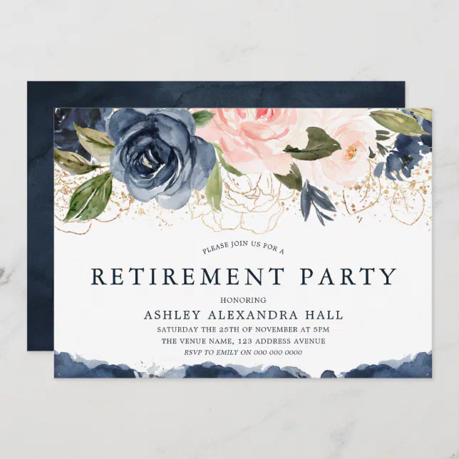 Elegant Navy Floral Gold Blush Retirement Party Invitation | Zazzle