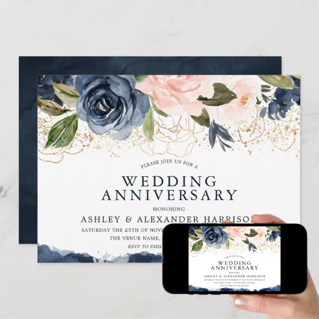 Elegant Navy Floral Gold Blush Wedding Anniversary Invitation | Zazzle