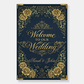 Elegant Navy Floral Gold Wedding Welcome Sign