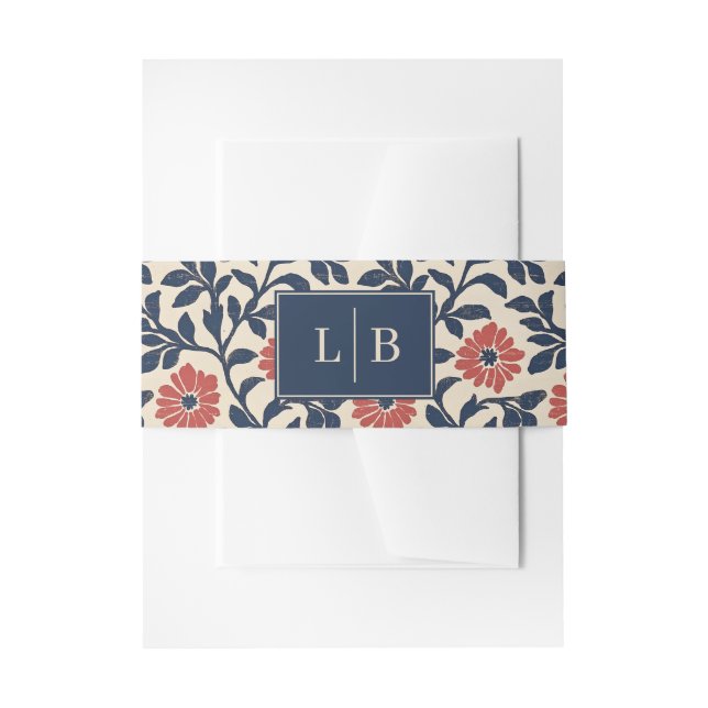Elegant Navy Floral Initials Invitation Belly Band (Front Example)