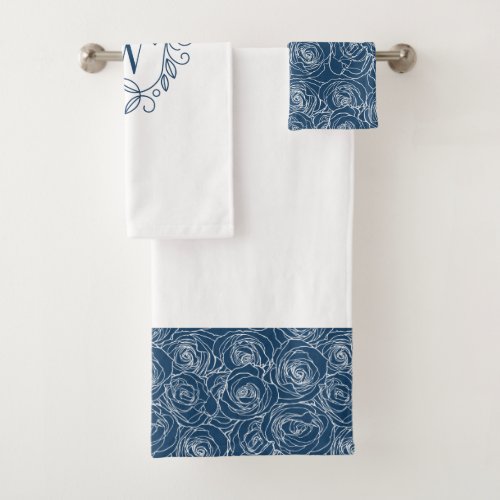 Elegant Navy Floral Monogram Bath Towel Set