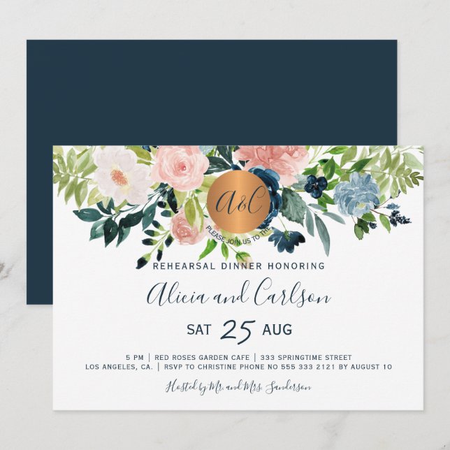 Elegant navy floral monogrammed rehearsal dinner invitation (Front/Back)