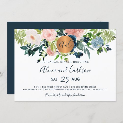 Elegant navy floral monogrammed rehearsal dinner invitation