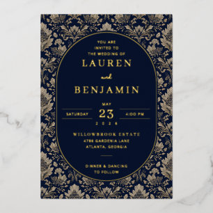 Elegant Navy Floral Motions Foil Invitation