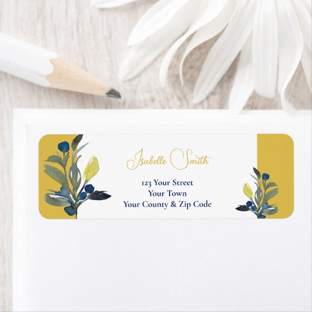 Elegant Navy Floral & Mustard Wedding Invitation  Label (Insitu)