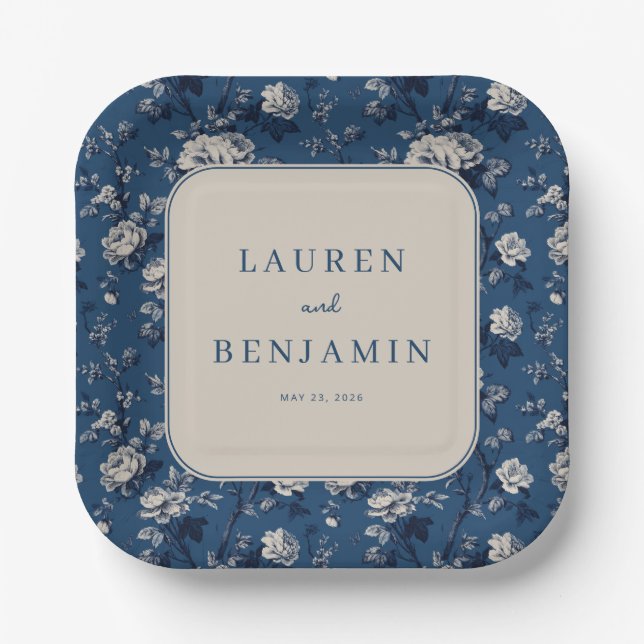Elegant Navy Floral Paper Plates (Front)
