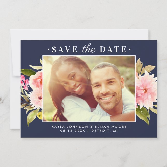 Elegant Navy Floral Photo Wedding Save The Date (Front)