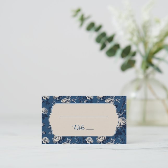 Elegant Navy Floral Place Card (Standing Front)