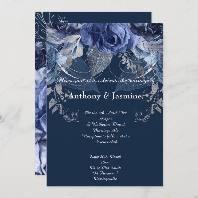 ELEGANT NAVY FLORAL ROSE WEDDING INVITATION (Front/Back)