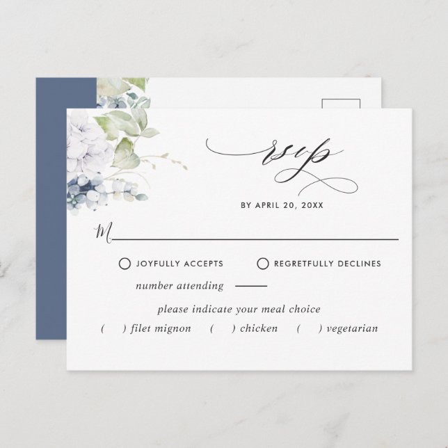 Elegant Navy Floral RSVP Postcard w/without Meals (Front/Back)