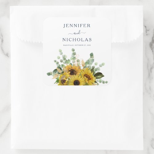 Elegant Navy Floral Sunflowers Wedding Square Sticker