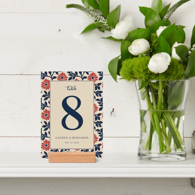Elegant Navy Floral Table Number Holder (Insitu 4)
