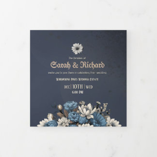 Elegant Navy Floral Tri Fold Invite