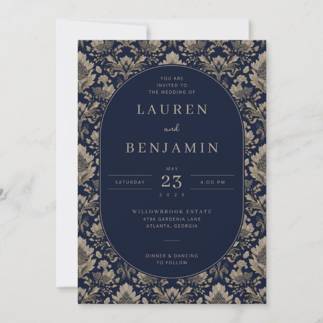 Elegant Navy Floral Wedding Invitation (Front)