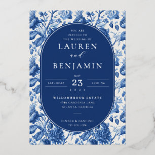 Elegant Navy Floral Wedding Invitation Foil Invitation