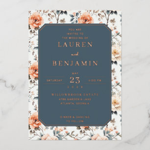 Elegant Navy Floral Wedding Invitation Foil Invitation