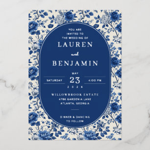 Elegant Navy Floral Wedding Invitation Foil Invitation