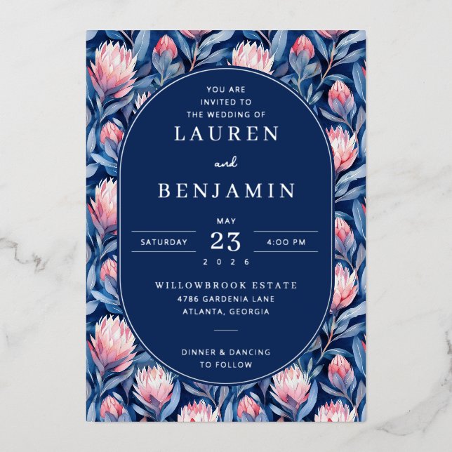 Elegant Navy Floral Wedding Invitation Foil Invitation (Front)