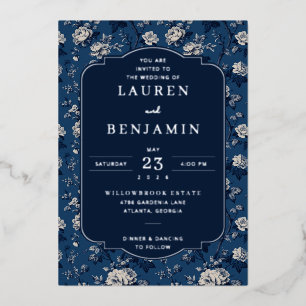 Elegant Navy Floral Wedding Invitation Foil Invitation