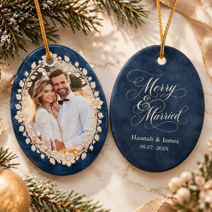 Elegant Navy Floral Wedding Photo Merry & Married Ceramic Ornament