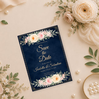 Elegant Navy Floral Wedding Save The Date
