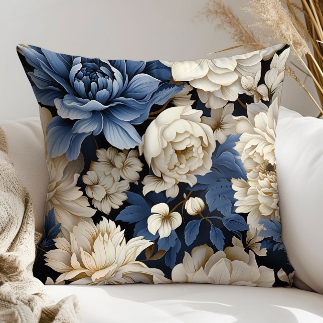 Elegant Navy Flowers Blue Ivory Decorative Pillow (Elegant Navy Flowers Blue Ivory Decorative Pillow)