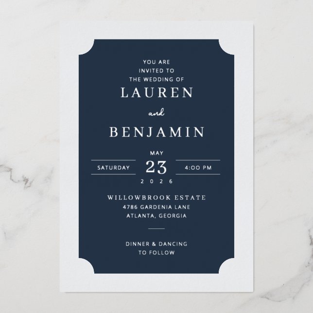 Elegant Navy Formal Wedding Foil Invitation (Front)