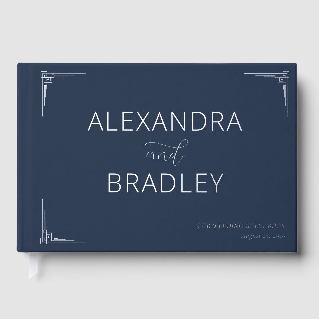 Elegant Navy Geometric Foil Guest Book (Front)