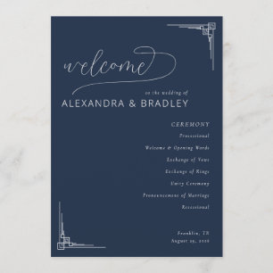 Elegant Navy Geometric Wedding Ceremony Schedule Program