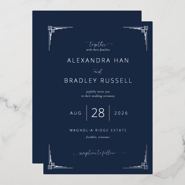 Elegant Navy Geometric Wedding Invitation Foil Invitation (Front/Back)
