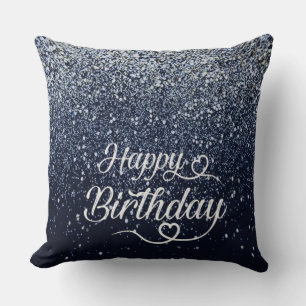 Elegant Navy Glitter Happy Birthday Throw Pillow