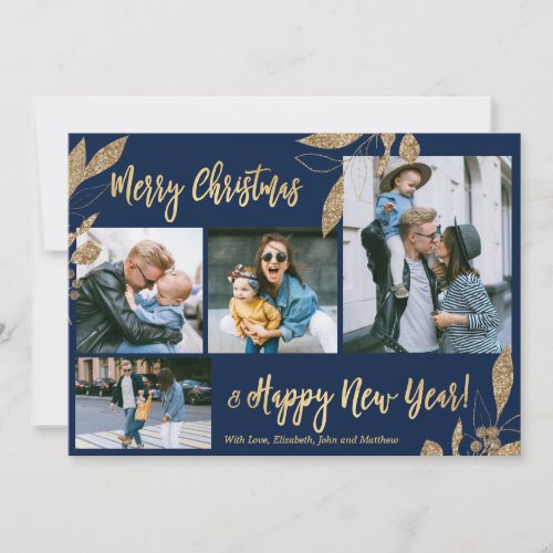 Elegant Navy Gold 4 Photo Collage Christmas Card