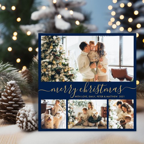 Elegant Navy Gold 4 Photo Collage Christmas Holiday Card