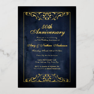 Elegant Navy Gold 50th Wedding Anniversary  Foil Invitation