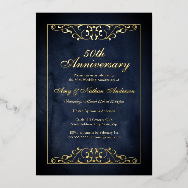 Elegant Navy Gold 50th Wedding Anniversary  Foil Invitation (Front)