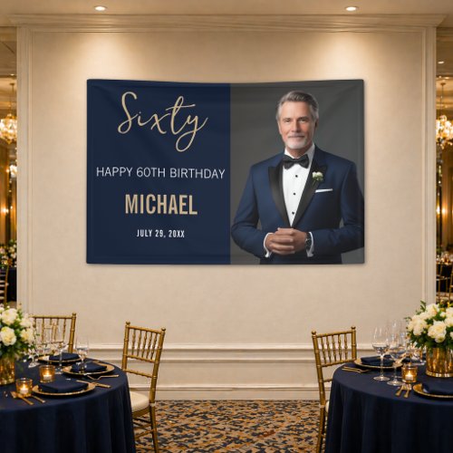 Elegant Navy Gold 60th Birthday Banner