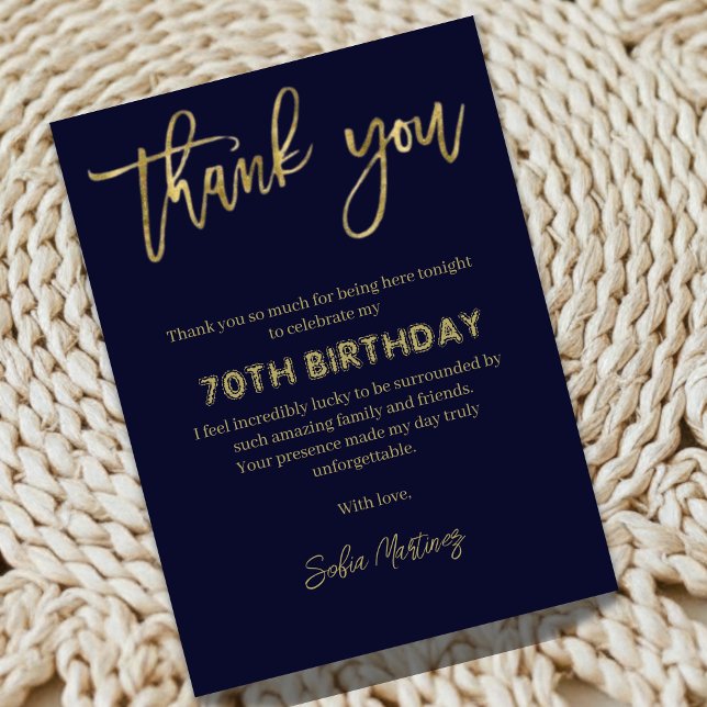 Elegant Navy Gold 70th Birthday Thank You Card (Creator Uploaded)