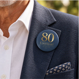 Elegant Navy & Gold 80th & Legendary Birthday Button