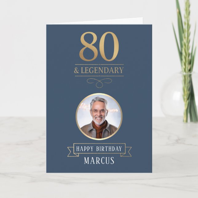 Elegant Navy & Gold 80th & Legendary Birthday Card (Front)