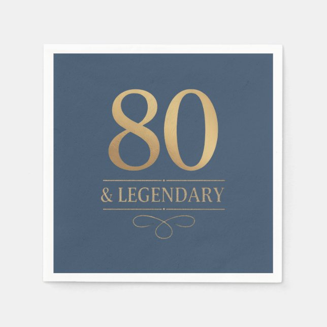Elegant Navy & Gold 80th & Legendary Birthday Napkins (Front)