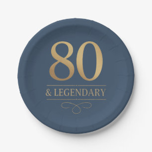 Elegant Navy & Gold 80th & Legendary Birthday Paper Plates