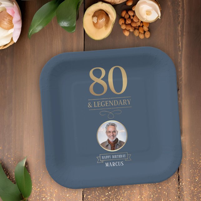 Elegant Navy & Gold 80th & Legendary Birthday Paper Plates (Creator Uploaded)
