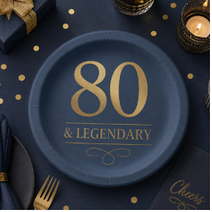 Elegant Navy & Gold 80th & Legendary Birthday Paper Plates