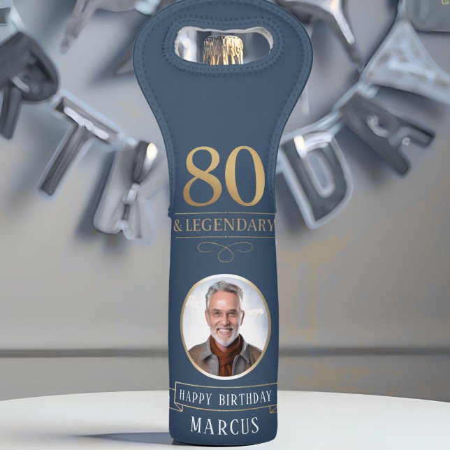 Elegant Navy & Gold 80th & Legendary Birthday Wine Bag (Creator Uploaded)