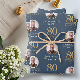 Elegant Navy & Gold 80th & Legendary Birthday Wrapping Paper Sheets