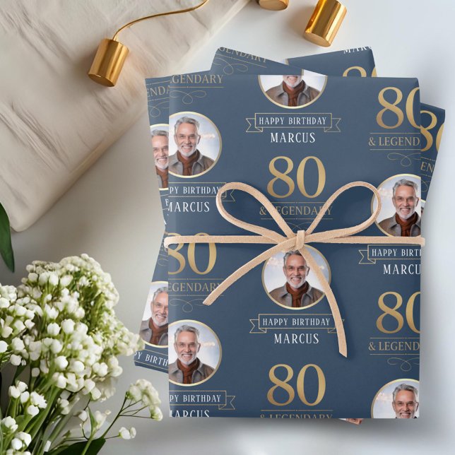 Elegant Navy & Gold 80th & Legendary Birthday Wrapping Paper Sheets (Creator Uploaded)